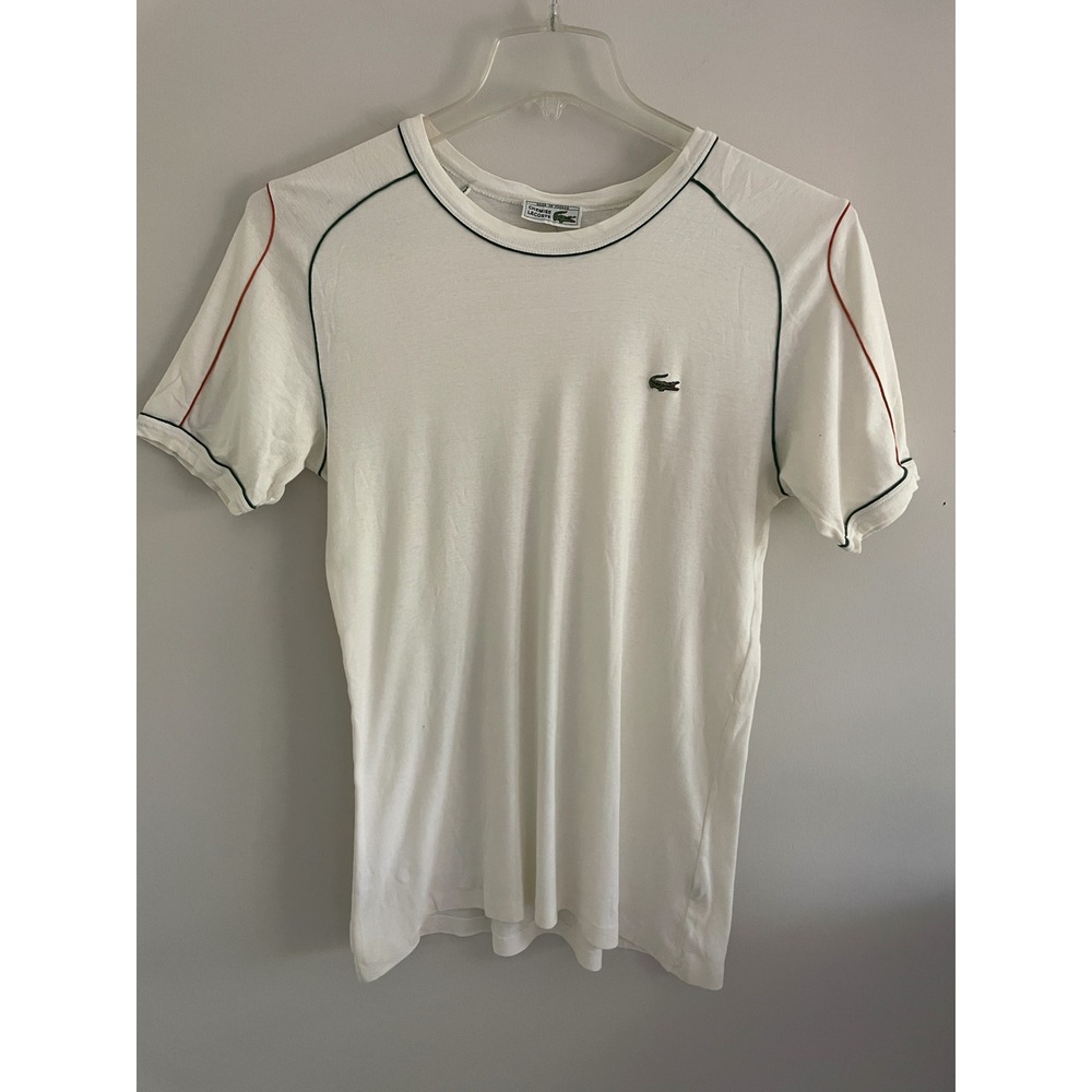 Chemise Lacoste Mens Vintage White T-Shirt Made in France Size 4 Green Red Trim